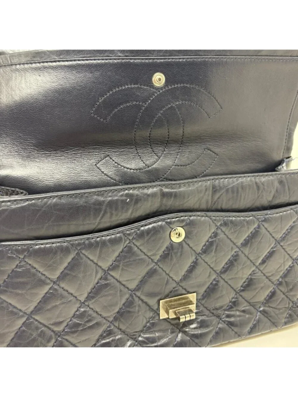 Chanel 2.55 Large Flap Shoulder Bag Aged Calfskin Navy Silver Mademoiselle Lock